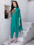 Embroidered Kurta With Pant & Dupatta, Green - Hiral Fashion - Distacart
