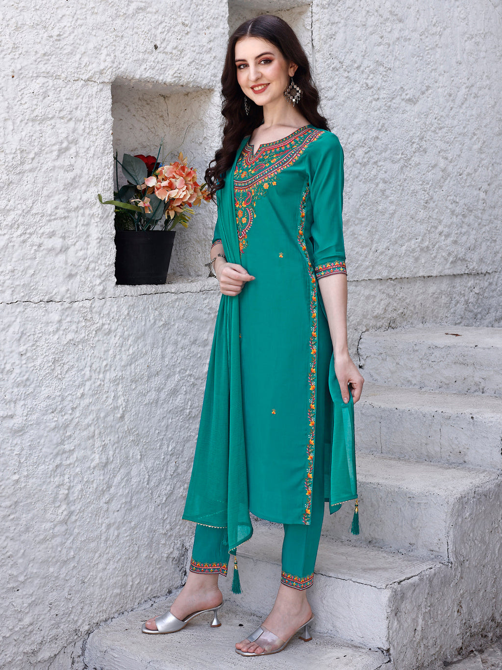Embroidered Kurta With Pant & Dupatta, Green - Hiral Fashion - Distacart