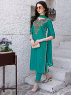 Embroidered Kurta With Pant & Dupatta, Green - Hiral Fashion - Distacart