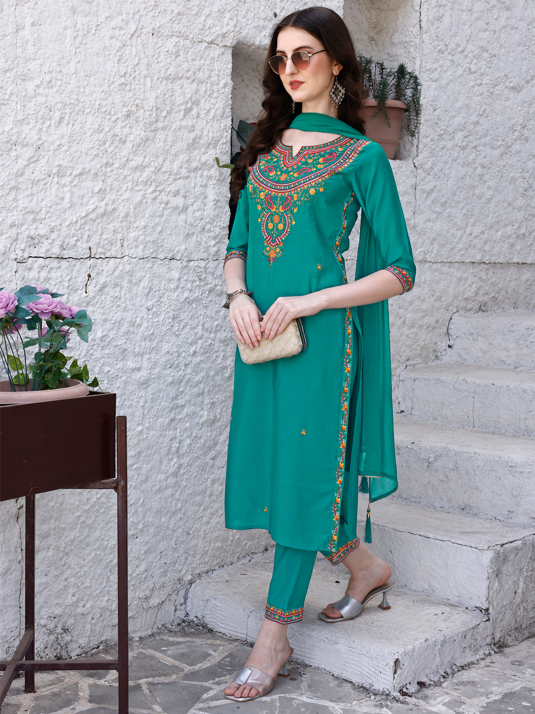 Embroidered Kurta With Pant & Dupatta, Green - Hiral Fashion - Distacart