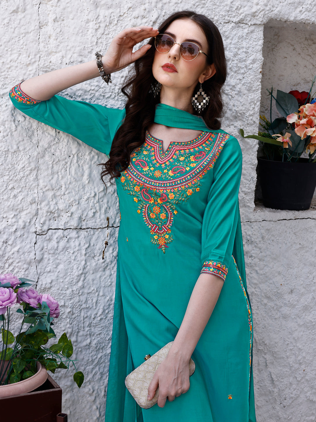 Embroidered Kurta With Pant & Dupatta, Green - Hiral Fashion - Distacart