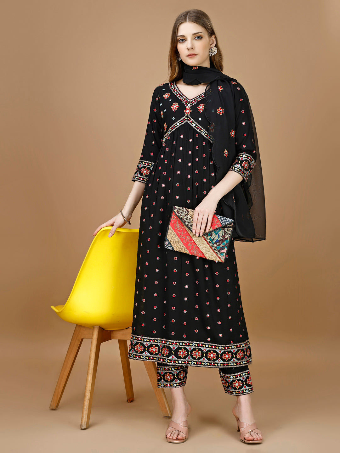 Alia Cut Mirror Embroidered Kurta With Embroidered Pant & Dupatta, Black - Hiral Fashion - Distacart