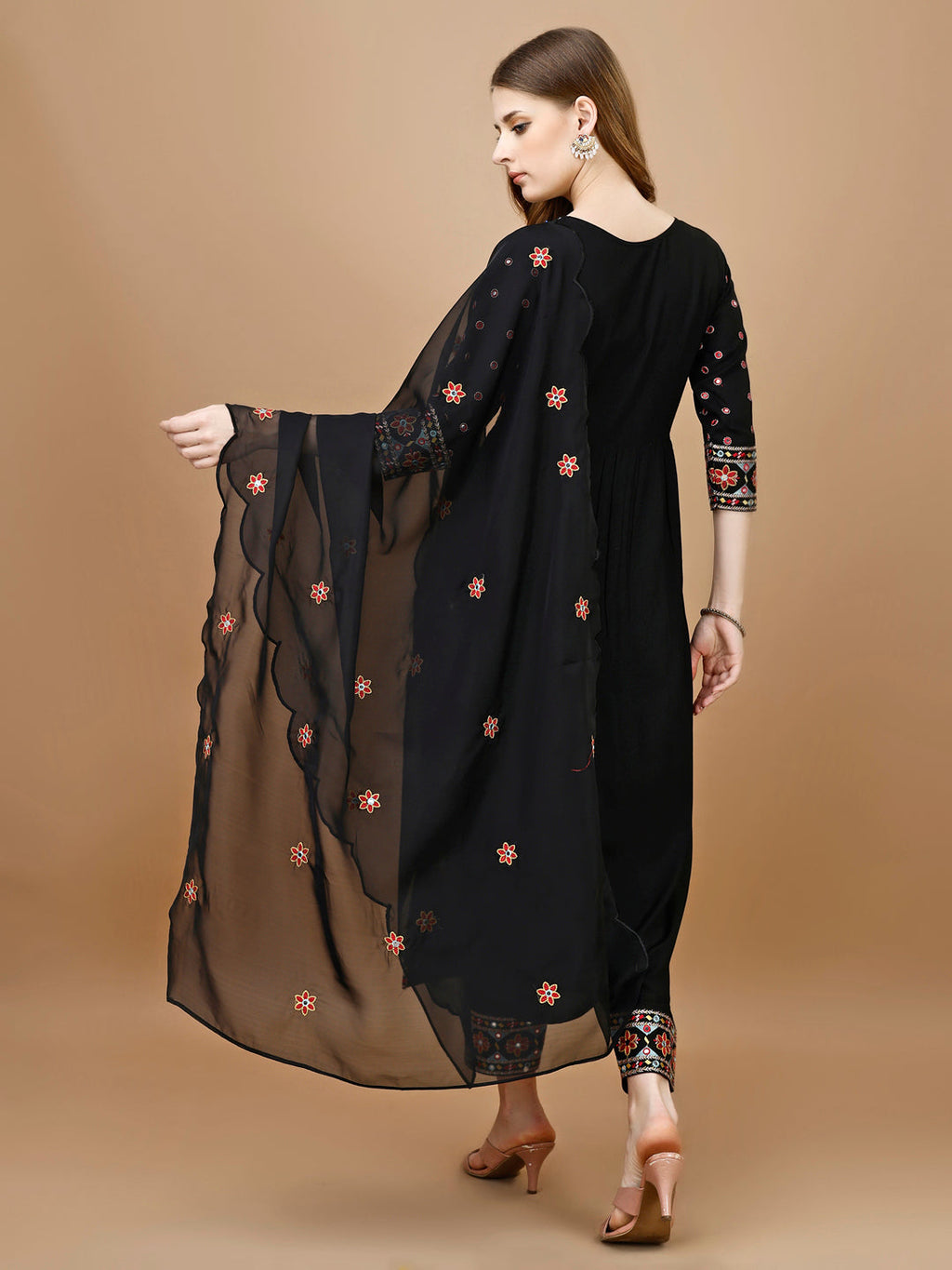 Alia Cut Mirror Embroidered Kurta With Embroidered Pant & Dupatta, Black - Hiral Fashion - Distacart