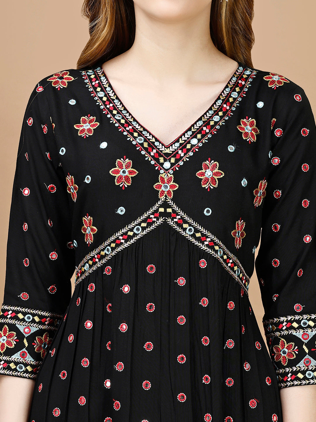Alia Cut Mirror Embroidered Kurta With Embroidered Pant & Dupatta, Black - Hiral Fashion - Distacart