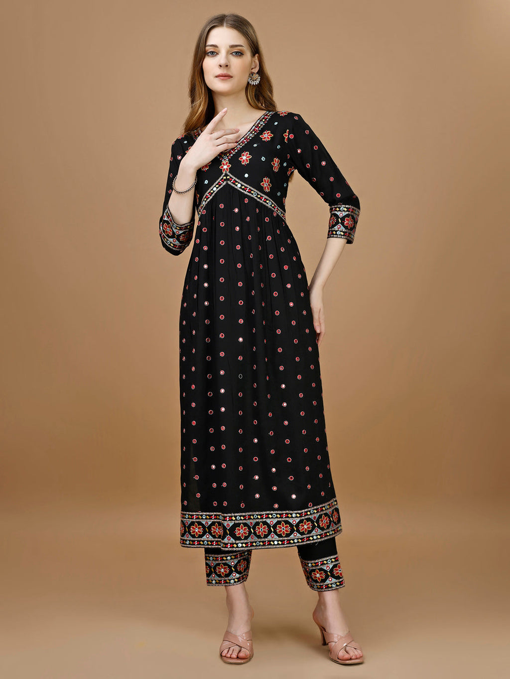 Alia Cut Mirror Embroidered Kurta With Embroidered Pant & Dupatta, Black - Hiral Fashion - Distacart