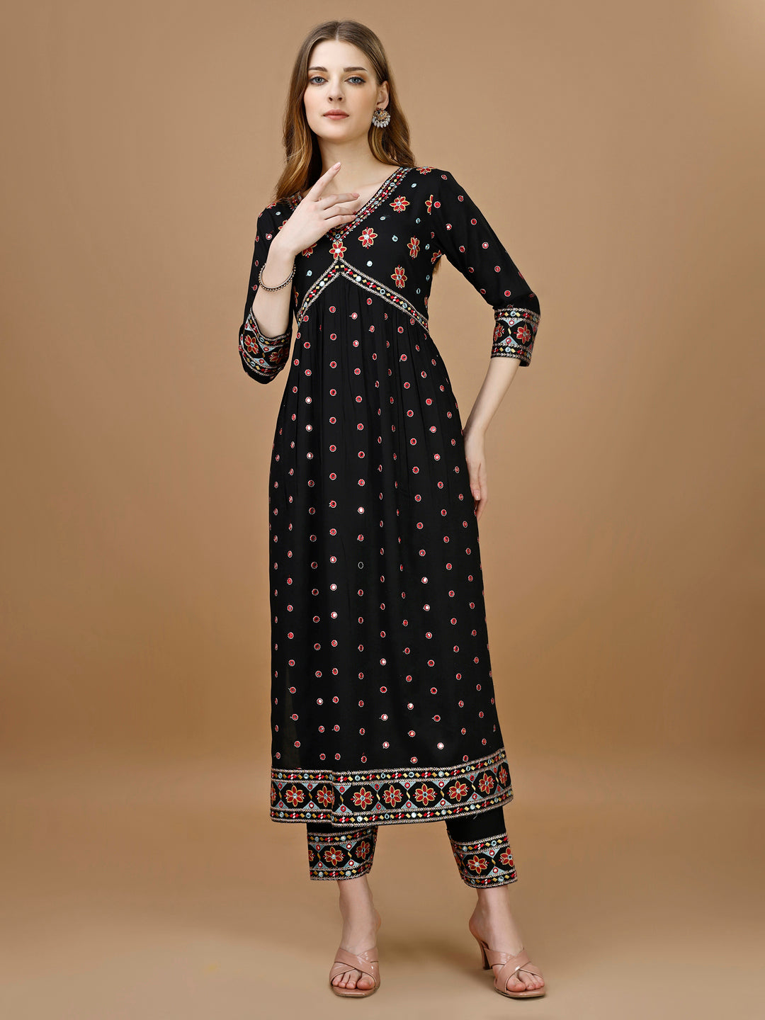 Alia Cut Mirror Embroidered Kurta With Embroidered Pant & Dupatta, Black - Hiral Fashion - Distacart