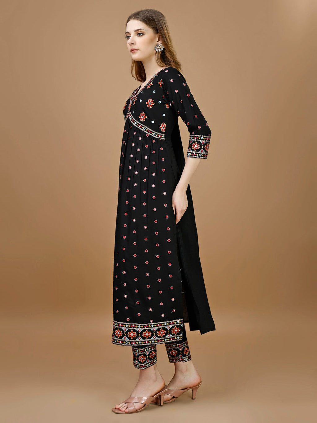 Alia Cut Mirror Embroidered Kurta With Embroidered Pant & Dupatta, Black - Hiral Fashion - Distacart