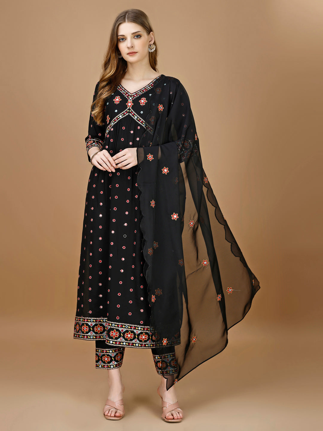 Alia Cut Mirror Embroidered Kurta With Embroidered Pant & Dupatta, Black - Hiral Fashion - Distacart
