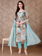 Embroidered & Floral Printed Kurta With Pant & Dupatta Premium Luxury, Multicolor - Hiral Fashion - Distacart