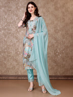 Embroidered & Floral Printed Kurta With Pant & Dupatta Premium Luxury, Multicolor - Hiral Fashion - Distacart