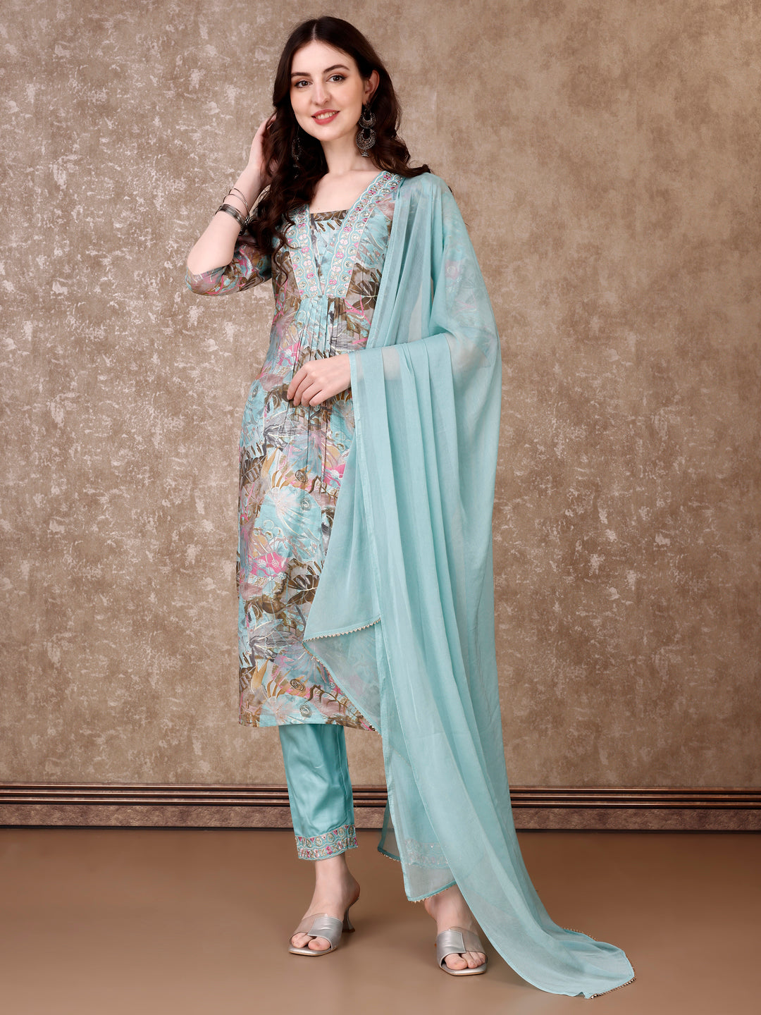 Embroidered & Floral Printed Kurta With Pant & Dupatta Premium Luxury, Multicolor - Hiral Fashion - Distacart