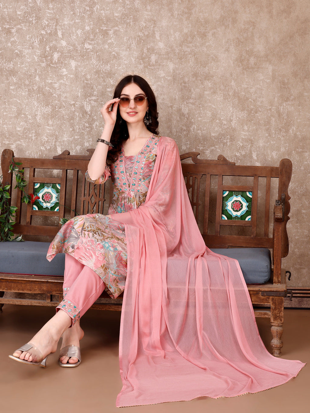 Embroidered & Floral Printed Kurta With Pant & Dupatta Premium Luxury, Multicolor - Hiral Fashion - Distacart