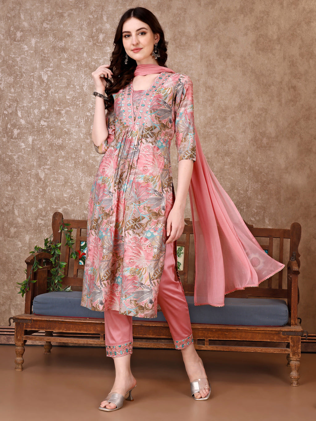 Embroidered & Floral Printed Kurta With Pant & Dupatta Premium Luxury, Multicolor - Hiral Fashion - Distacart