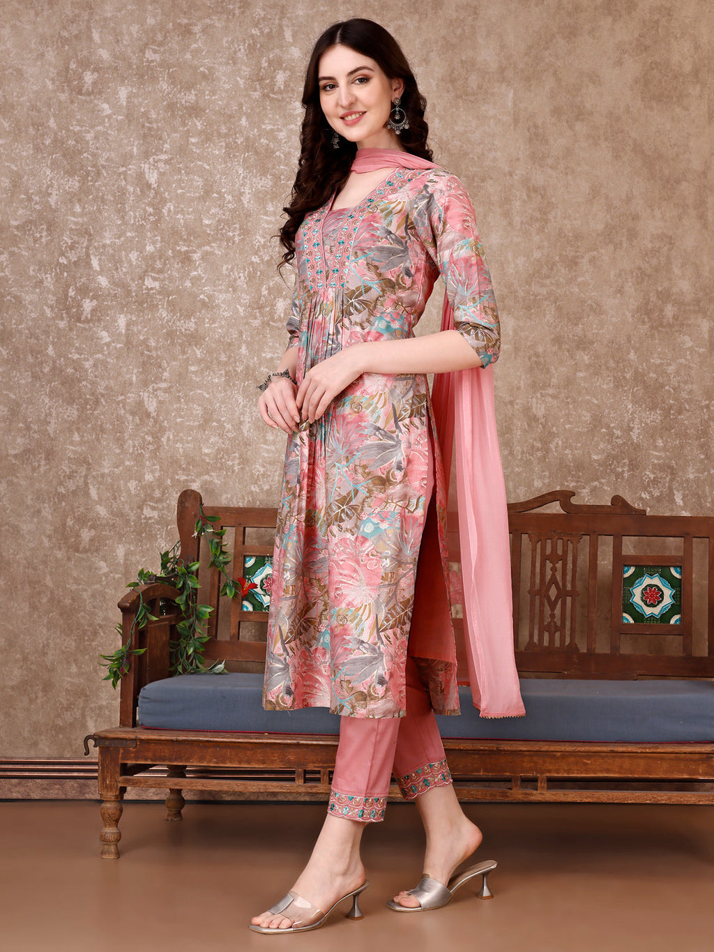 Embroidered & Floral Printed Kurta With Pant & Dupatta Premium Luxury, Multicolor - Hiral Fashion - Distacart