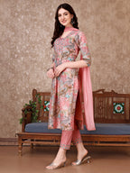 Embroidered & Floral Printed Kurta With Pant & Dupatta Premium Luxury, Multicolor - Hiral Fashion - Distacart