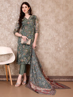 Hand Embroidered & Brasso Kurta With Pant & Organza Printed Dupatta, Green - Hiral Fashion - Distacart