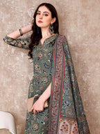 Hand Embroidered & Brasso Kurta With Pant & Organza Printed Dupatta, Green - Hiral Fashion - Distacart