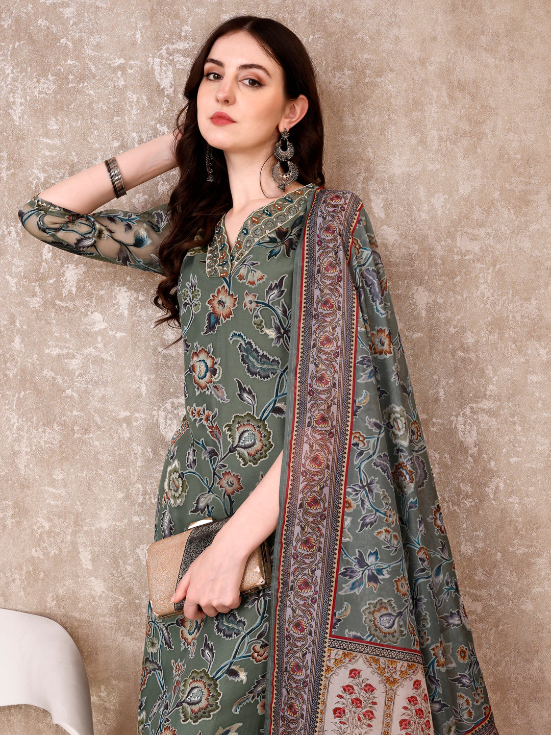 Hand Embroidered & Brasso Kurta With Pant & Organza Printed Dupatta, Green - Hiral Fashion - Distacart
