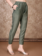 Hand Embroidered & Brasso Kurta With Pant & Organza Printed Dupatta, Green - Hiral Fashion - Distacart