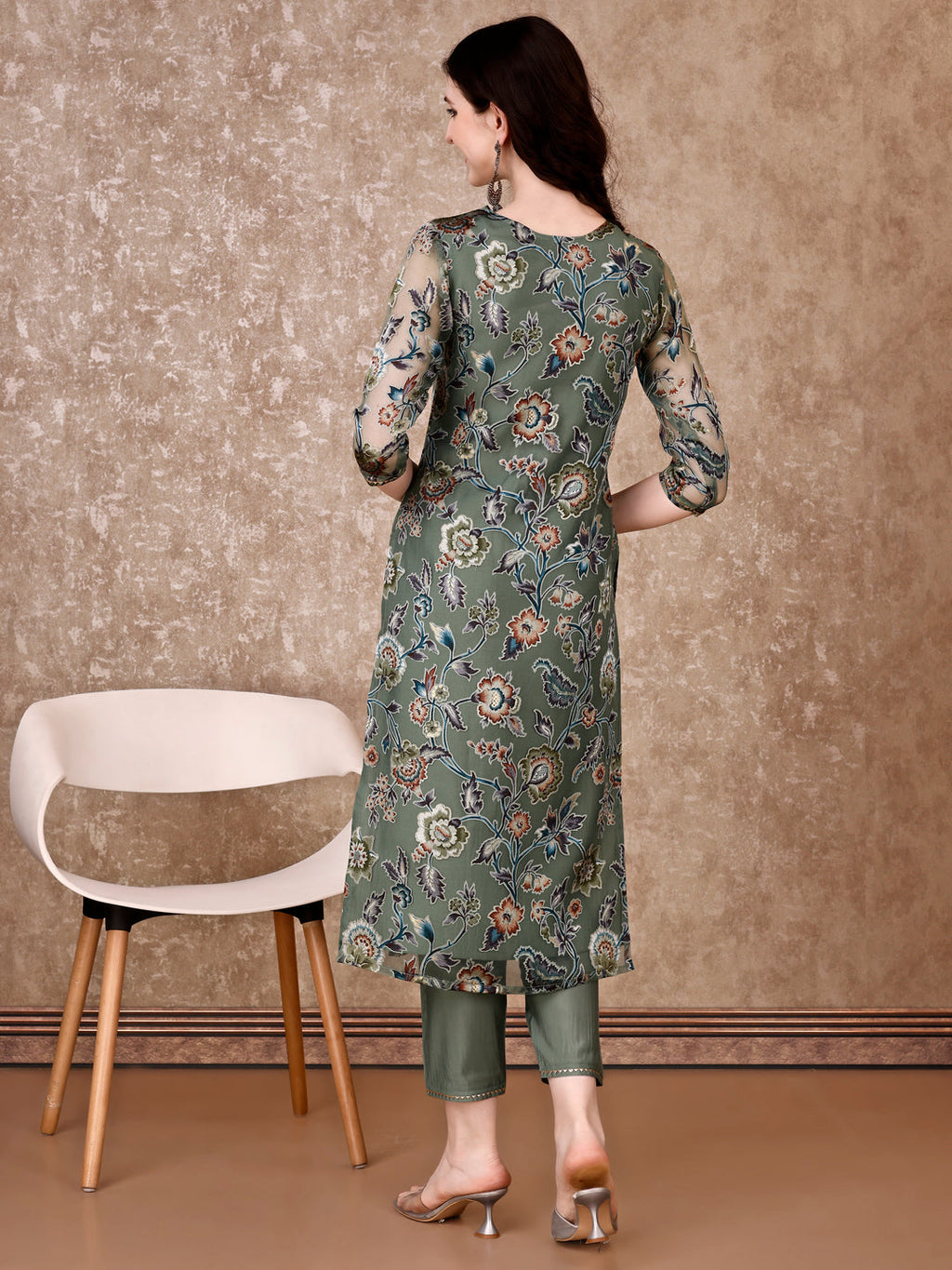 Hand Embroidered & Brasso Kurta With Pant & Organza Printed Dupatta, Green - Hiral Fashion - Distacart