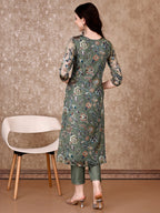 Hand Embroidered & Brasso Kurta With Pant & Organza Printed Dupatta, Green - Hiral Fashion - Distacart