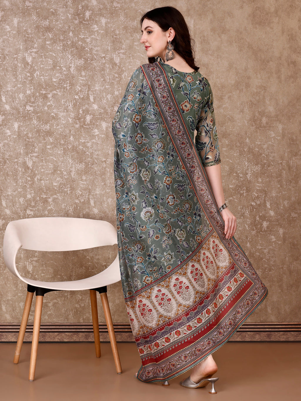 Hand Embroidered & Brasso Kurta With Pant & Organza Printed Dupatta, Green - Hiral Fashion - Distacart