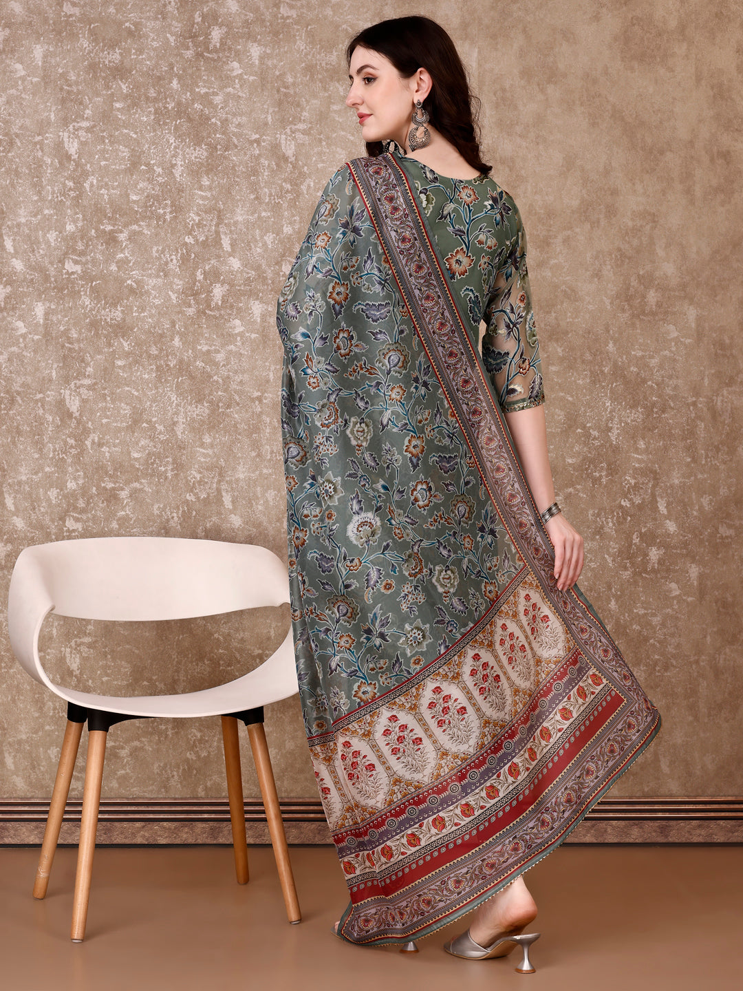 Hand Embroidered & Brasso Kurta With Pant & Organza Printed Dupatta, Green - Hiral Fashion - Distacart
