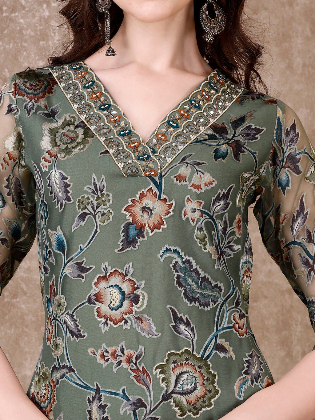 Hand Embroidered & Brasso Kurta With Pant & Organza Printed Dupatta, Green - Hiral Fashion - Distacart