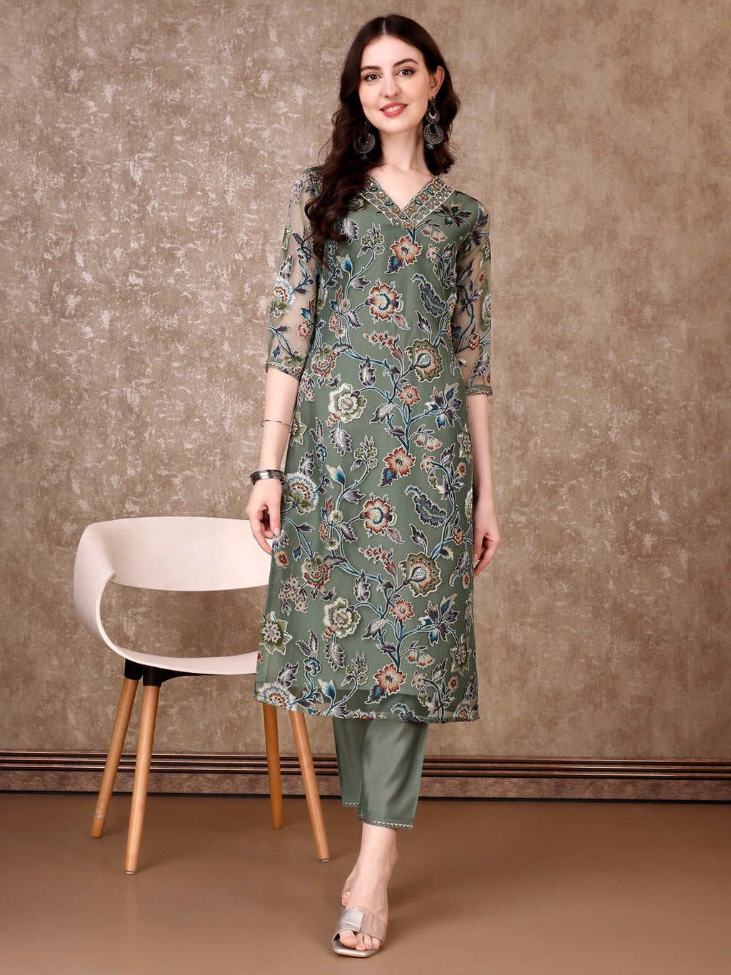 Hand Embroidered & Brasso Kurta With Pant & Organza Printed Dupatta, Green - Hiral Fashion - Distacart