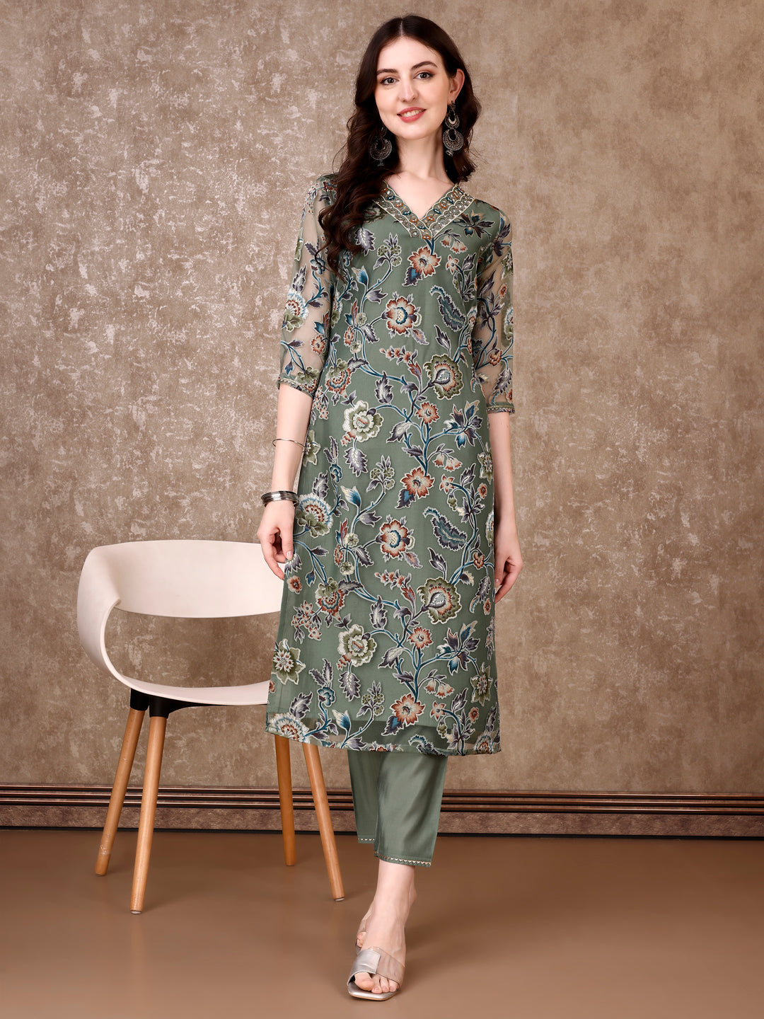 Hand Embroidered & Brasso Kurta With Pant & Organza Printed Dupatta, Green - Hiral Fashion - Distacart