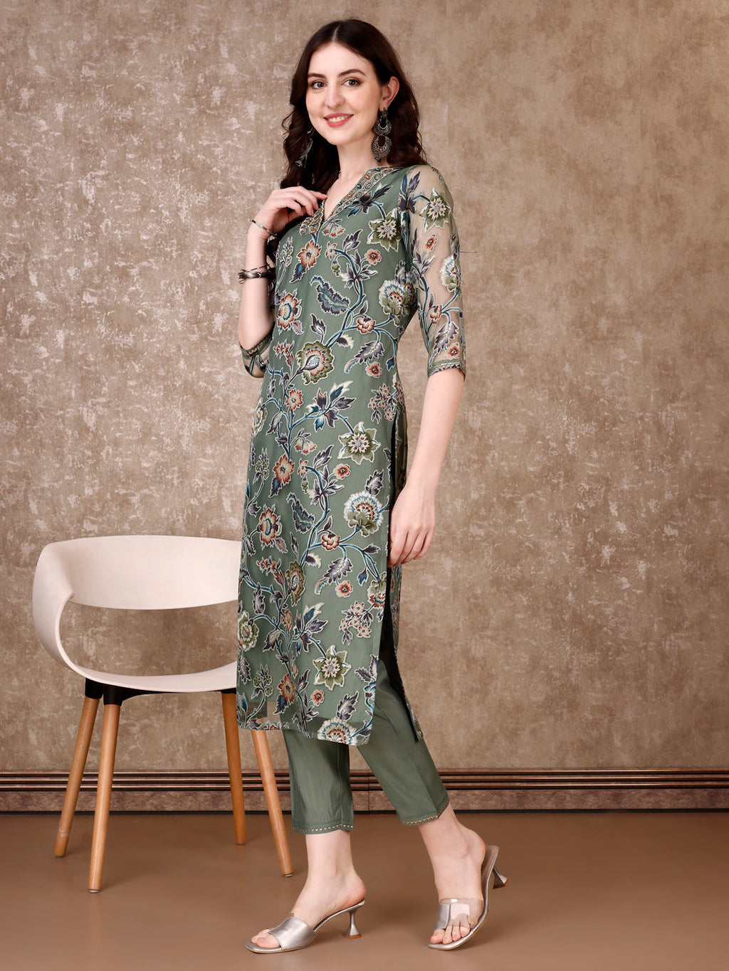 Hand Embroidered & Brasso Kurta With Pant & Organza Printed Dupatta, Green - Hiral Fashion - Distacart