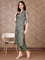 Hand Embroidered & Brasso Kurta With Pant & Organza Printed Dupatta, Green - Hiral Fashion - Distacart