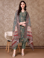 Hand Embroidered & Brasso Kurta With Pant & Organza Printed Dupatta, Green - Hiral Fashion - Distacart