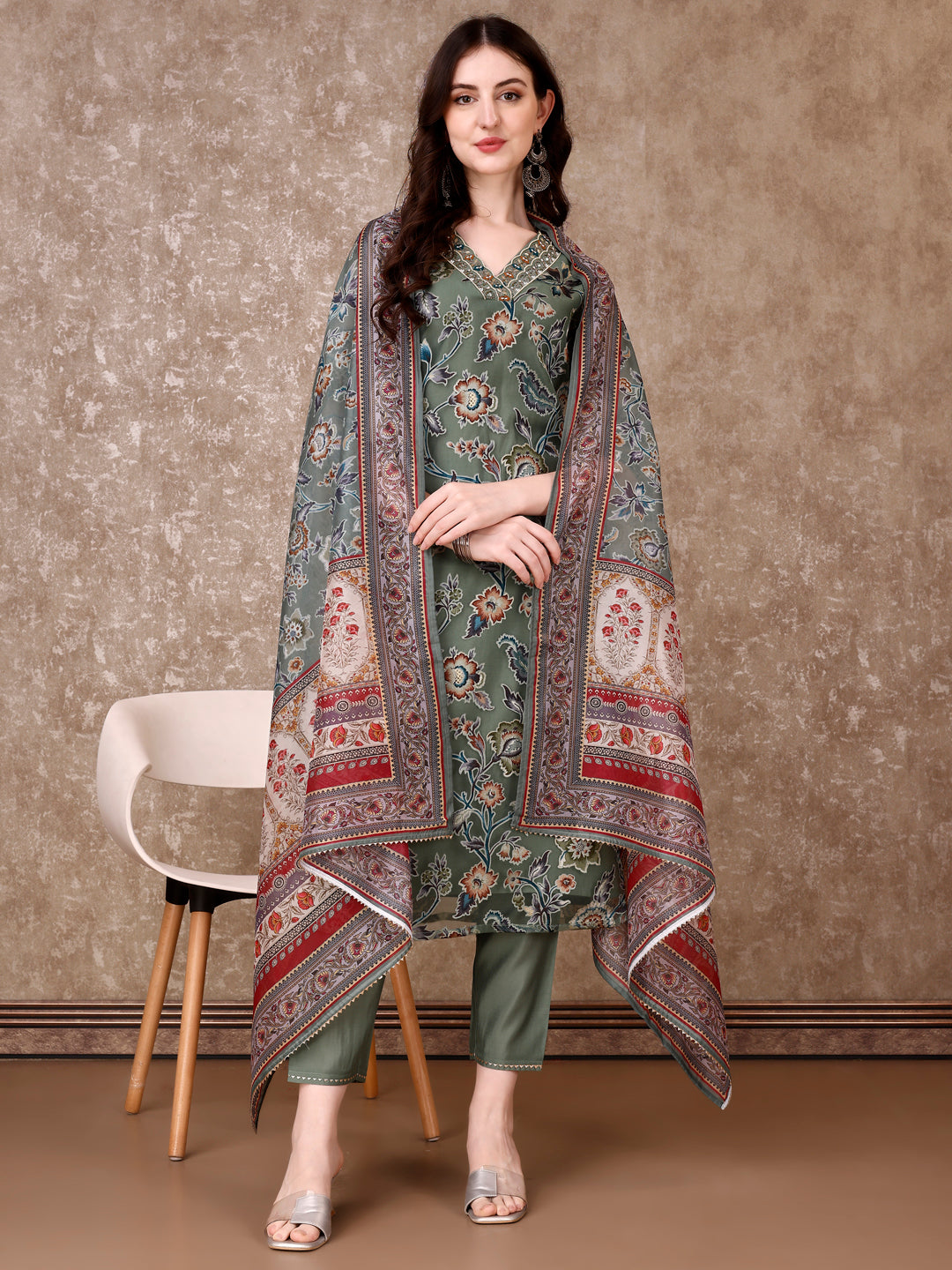 Hand Embroidered & Brasso Kurta With Pant & Organza Printed Dupatta, Green - Hiral Fashion - Distacart