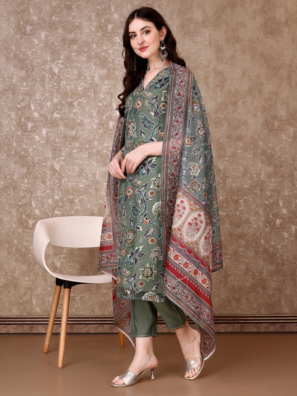 Hand Embroidered & Brasso Kurta With Pant & Organza Printed Dupatta, Green - Hiral Fashion - Distacart