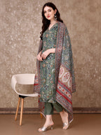Hand Embroidered & Brasso Kurta With Pant & Organza Printed Dupatta, Green - Hiral Fashion - Distacart