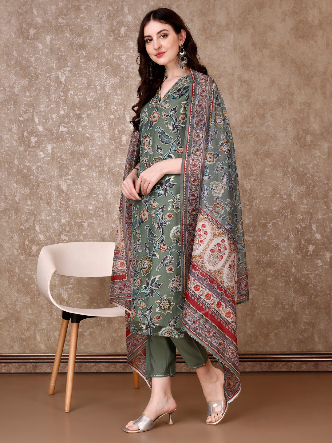 Hand Embroidered & Brasso Kurta With Pant & Organza Printed Dupatta, Green - Hiral Fashion - Distacart