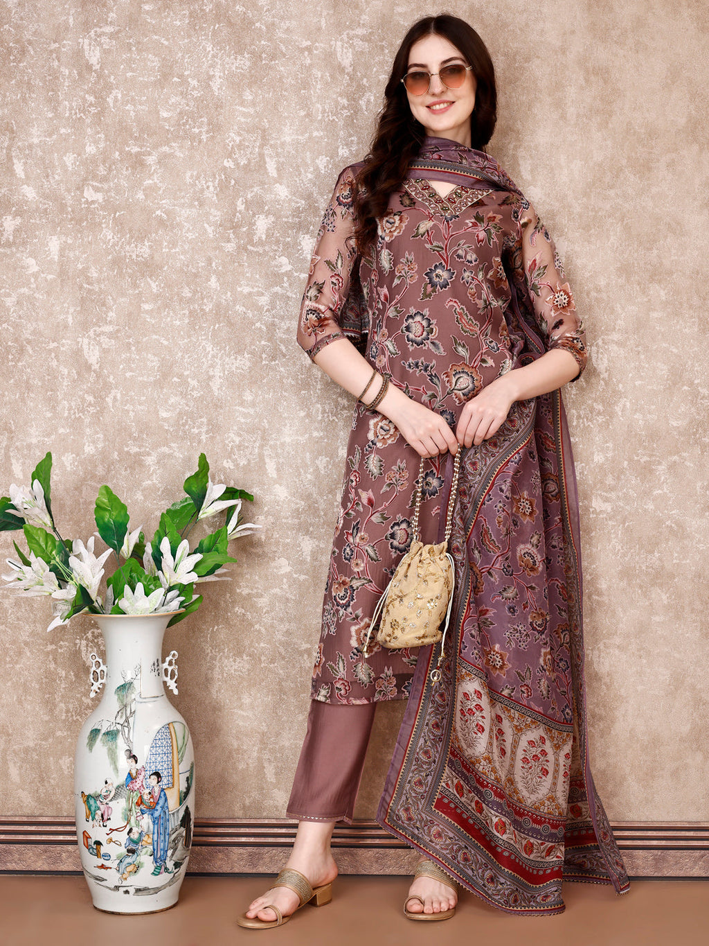 Hand Embroidered & Brasso Kurta With Pant & Organza Printed Dupatta, Purple - Hiral Fashion - Distacart