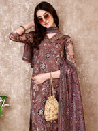 Hand Embroidered & Brasso Kurta With Pant & Organza Printed Dupatta, Purple - Hiral Fashion - Distacart