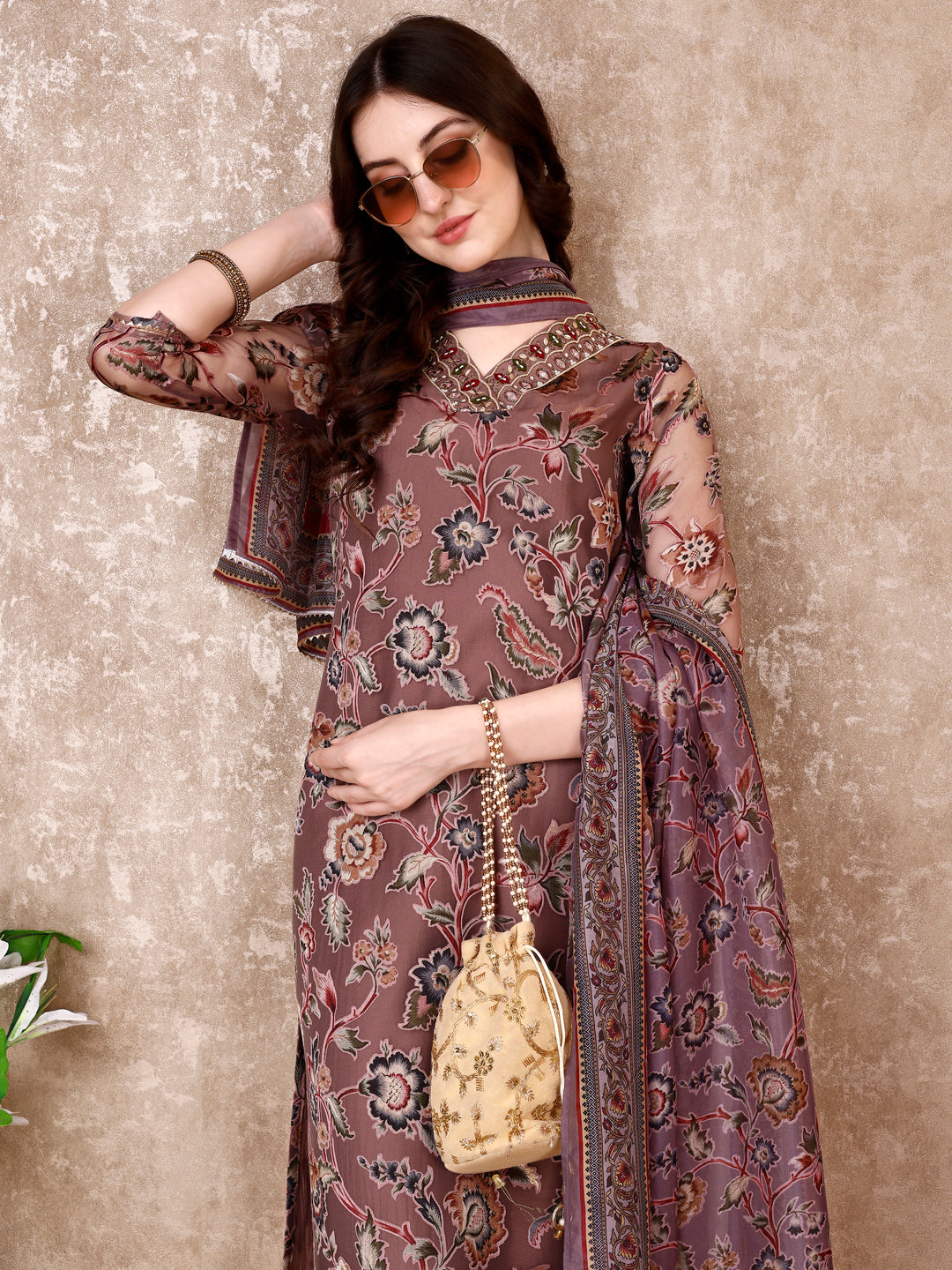 Hand Embroidered & Brasso Kurta With Pant & Organza Printed Dupatta, Purple - Hiral Fashion - Distacart