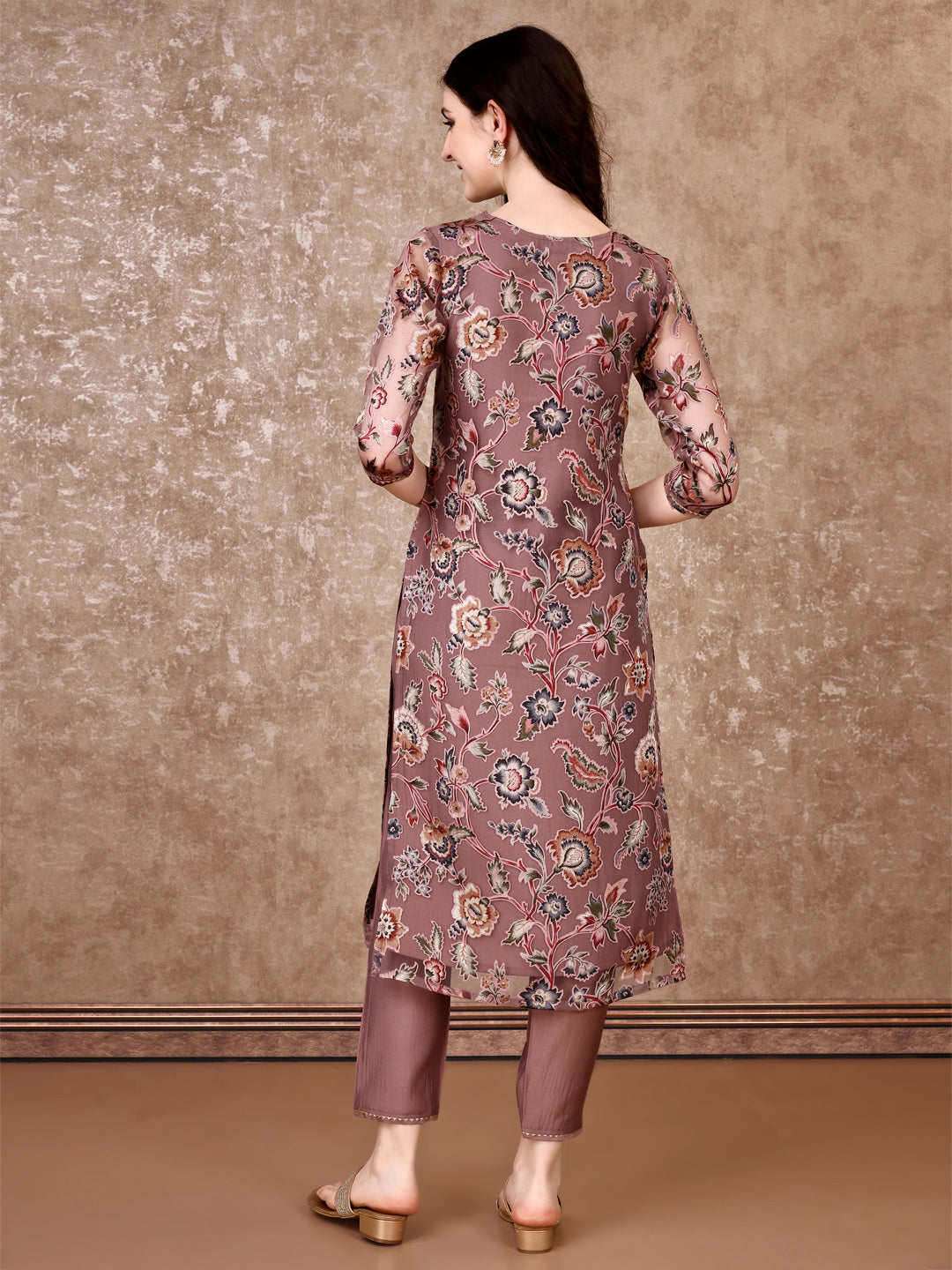 Hand Embroidered & Brasso Kurta With Pant & Organza Printed Dupatta, Purple - Hiral Fashion - Distacart