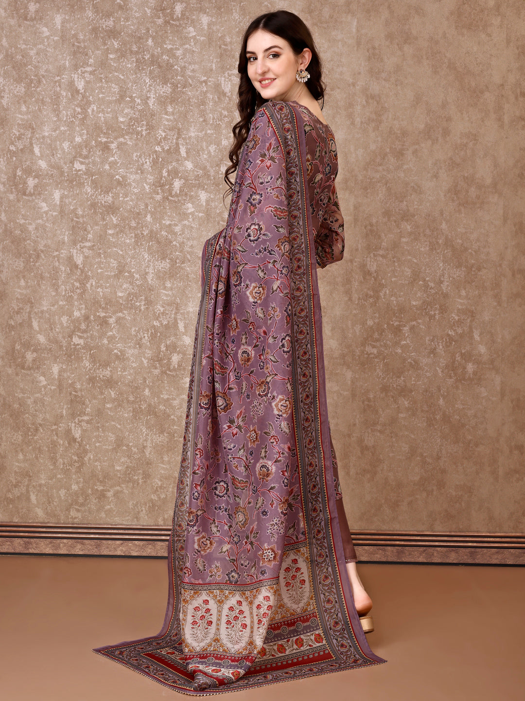 Hand Embroidered & Brasso Kurta With Pant & Organza Printed Dupatta, Purple - Hiral Fashion - Distacart