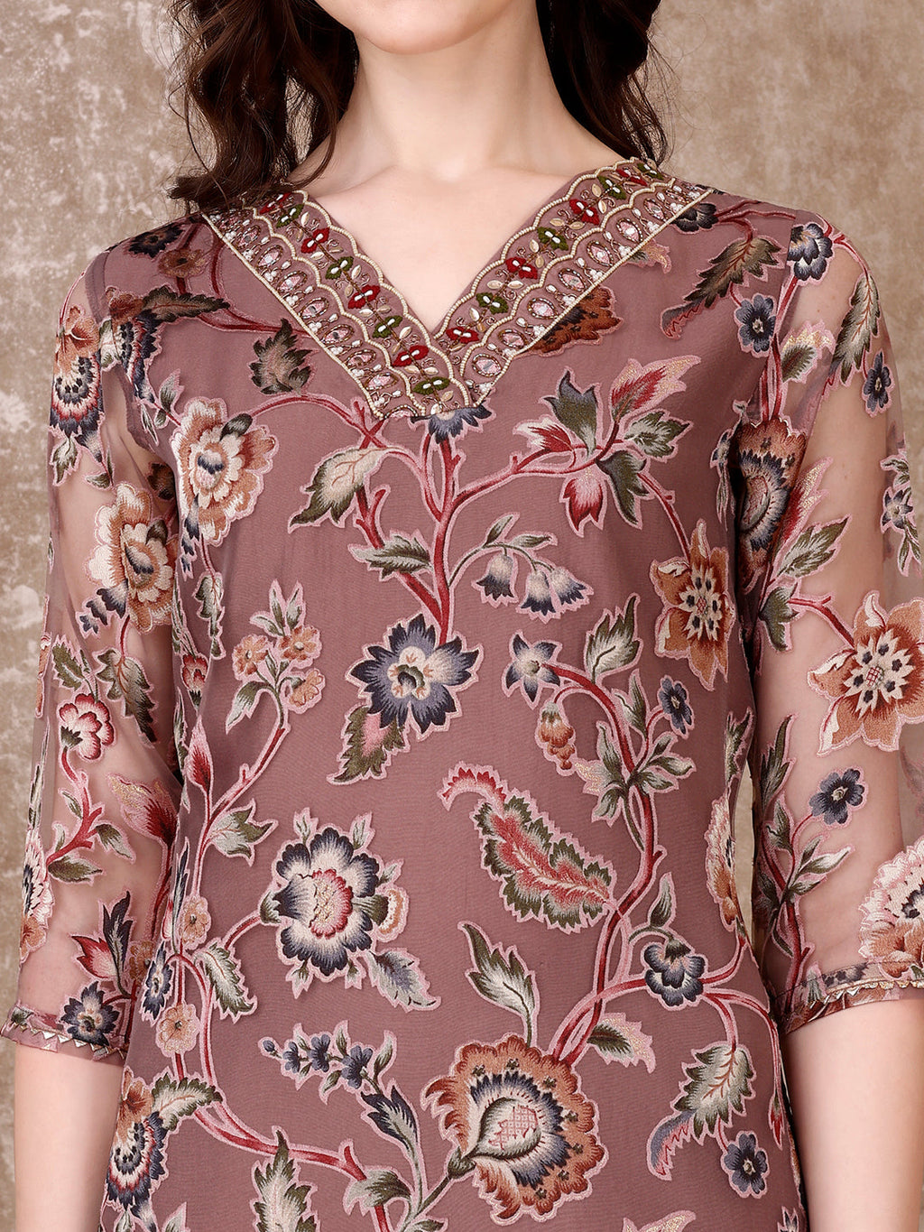 Hand Embroidered & Brasso Kurta With Pant & Organza Printed Dupatta, Purple - Hiral Fashion - Distacart