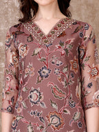 Hand Embroidered & Brasso Kurta With Pant & Organza Printed Dupatta, Purple - Hiral Fashion - Distacart