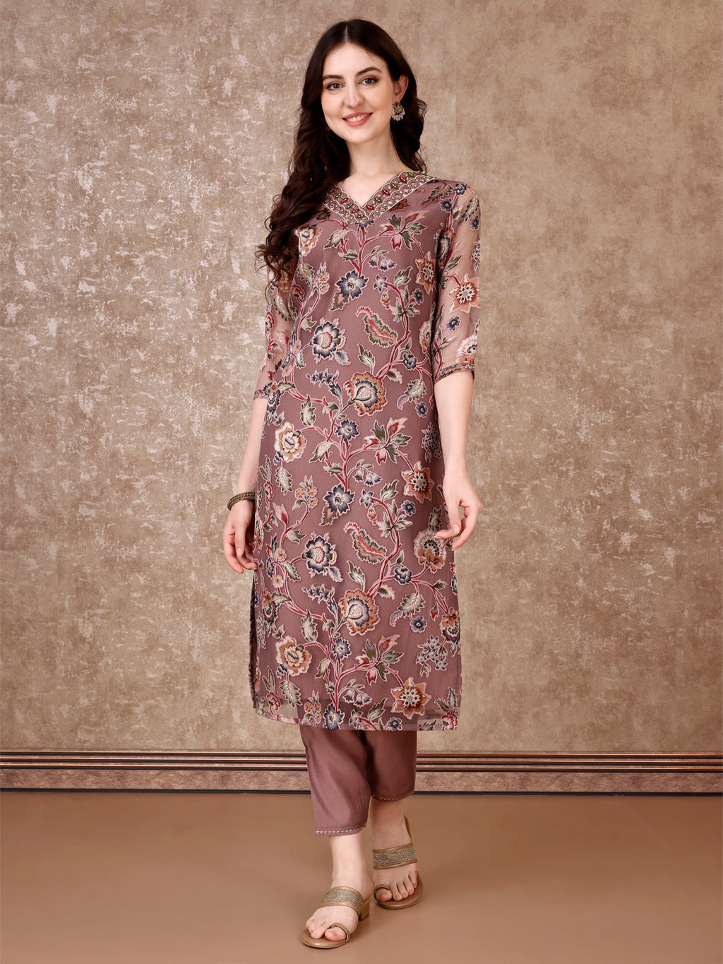 Hand Embroidered & Brasso Kurta With Pant & Organza Printed Dupatta, Purple - Hiral Fashion - Distacart