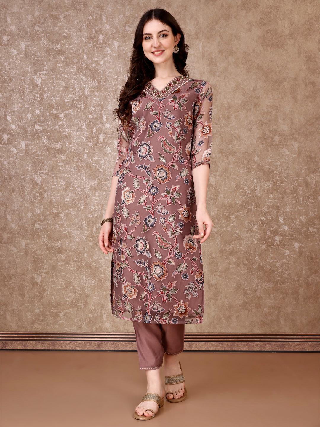 Hand Embroidered & Brasso Kurta With Pant & Organza Printed Dupatta, Purple - Hiral Fashion - Distacart