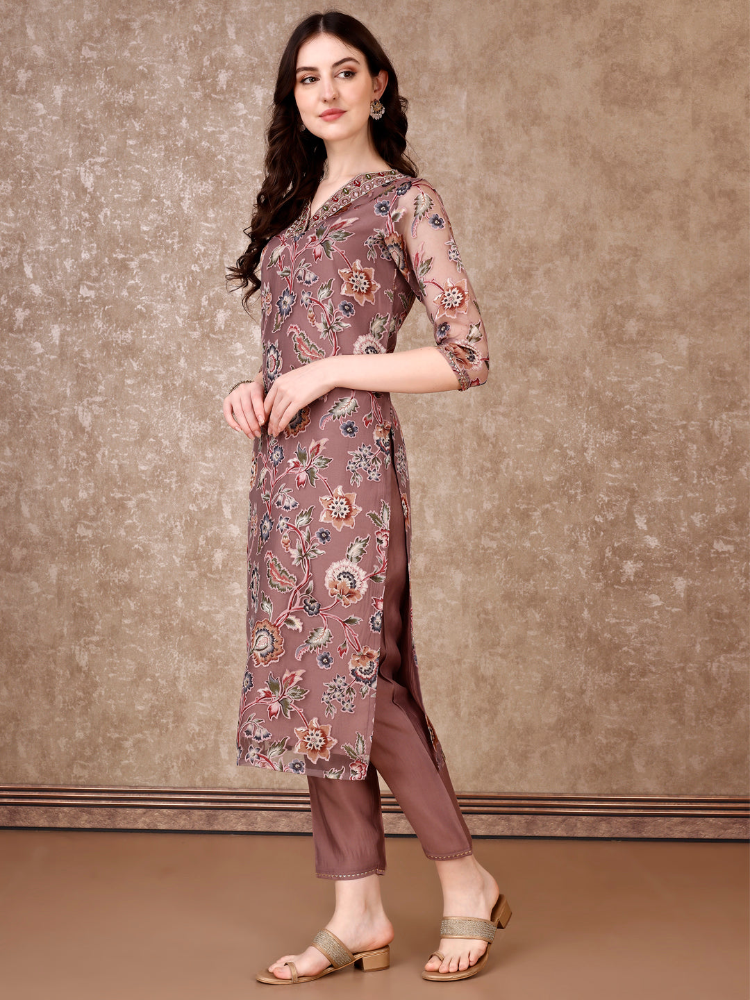 Hand Embroidered & Brasso Kurta With Pant & Organza Printed Dupatta, Purple - Hiral Fashion - Distacart