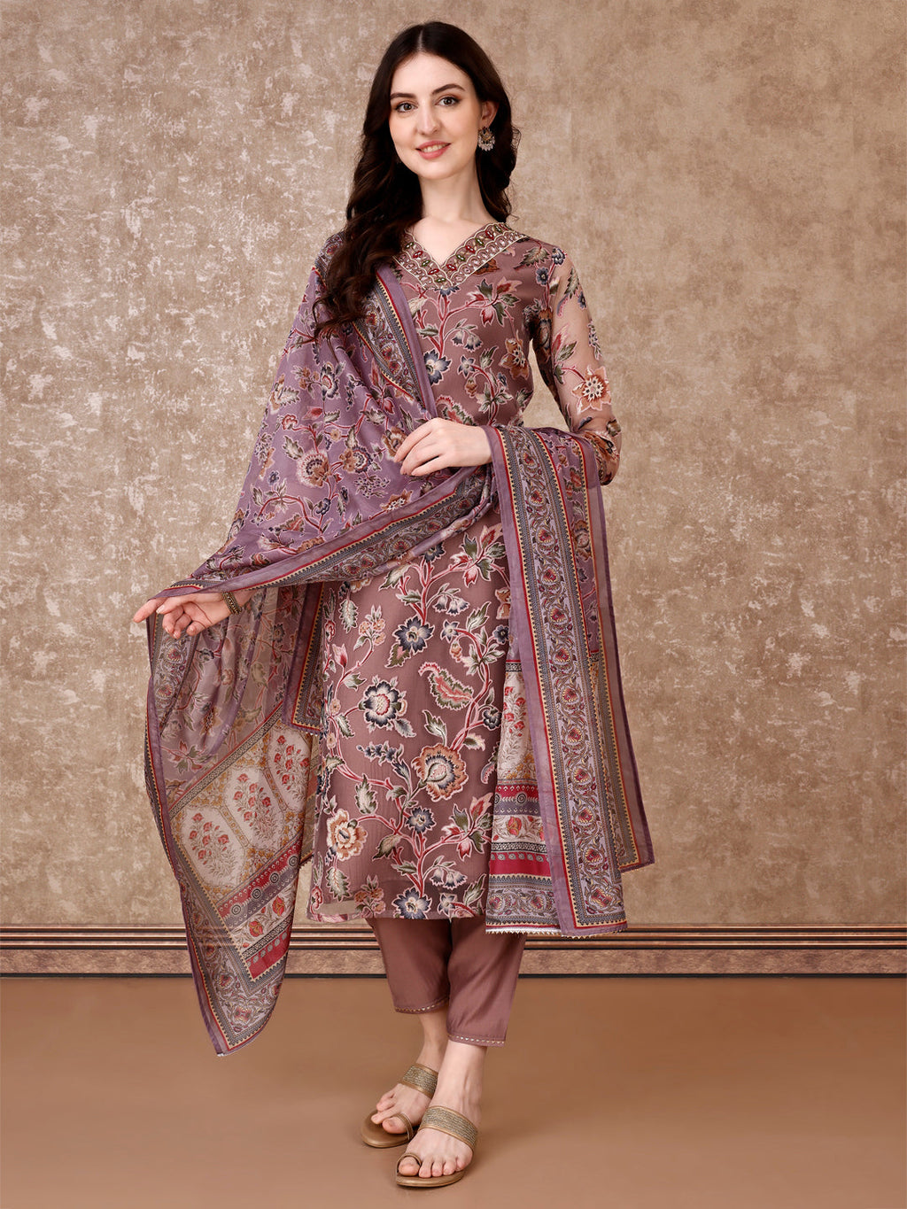 Hand Embroidered & Brasso Kurta With Pant & Organza Printed Dupatta, Purple - Hiral Fashion - Distacart