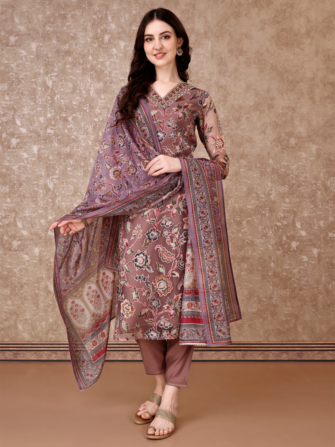 Hand Embroidered & Brasso Kurta With Pant & Organza Printed Dupatta, Purple - Hiral Fashion - Distacart