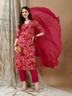 Embroidered & Floral Printed Kurta With Pant & Dupatta, Rani - Hiral Fashion
